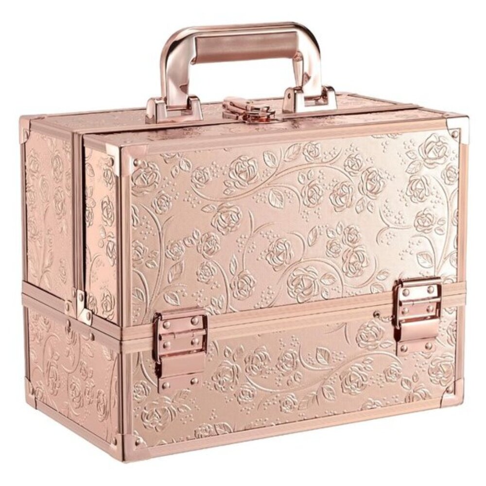 New 11.8In Rose Gold Makeup Case with Mirror, Portable Cosmetic Organizer Box